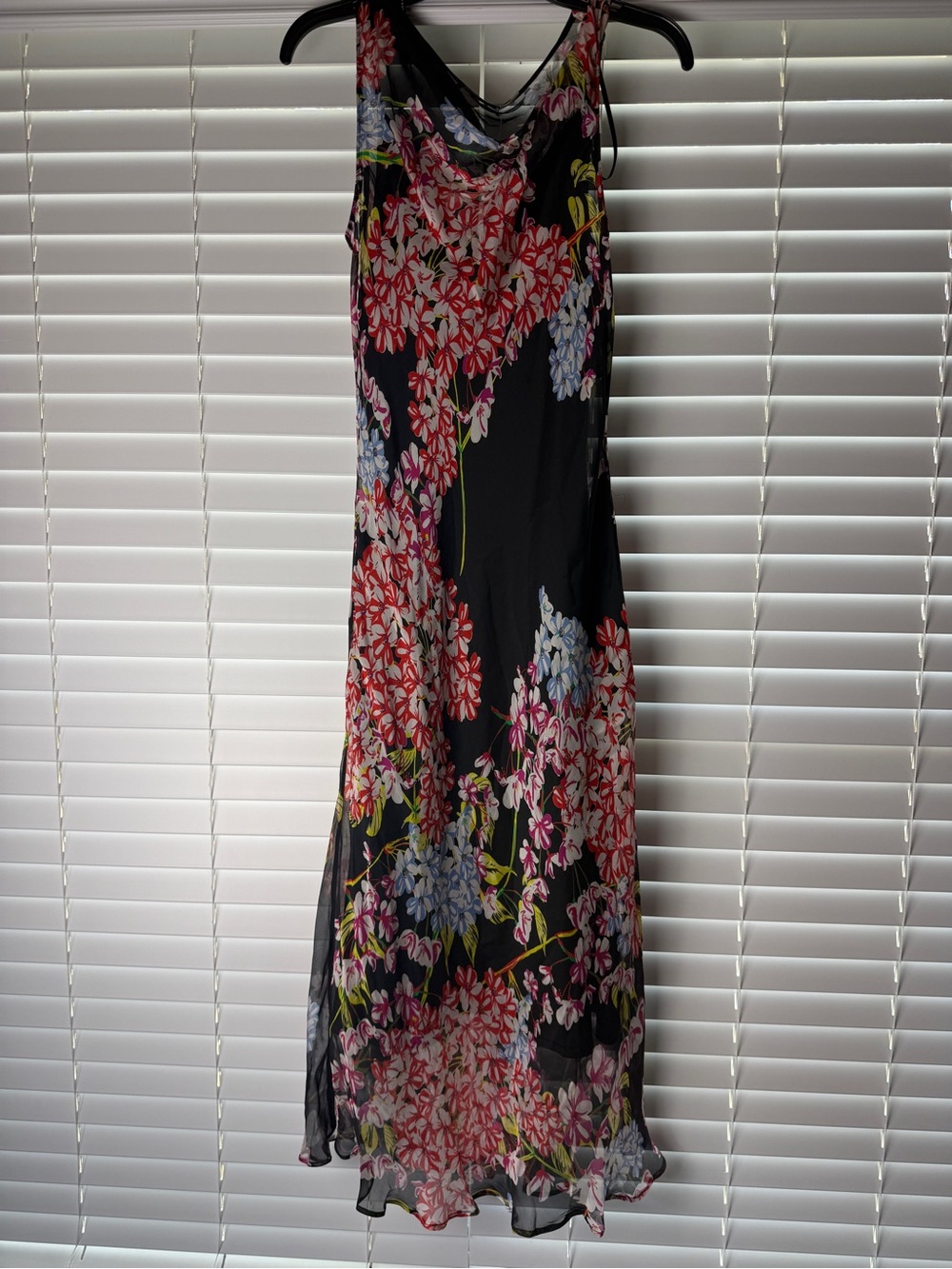Natori Black Sleeveless Floral Maxi Dress with Pink & Light Blue Blooms